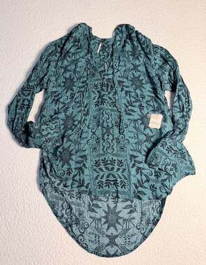 NWT Free People Mia Tunic in Turquoise Blue Printed Long Sleeve Boho Top